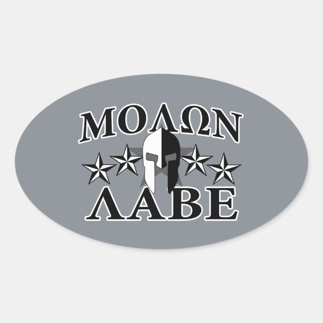 Pegatina Ovalada Molon Labe Guerrero Espartano 5 estrellas Blanco N (Anverso)
