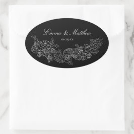 Pegatina Ovalada Monograma de boda gótico en blanco y negro