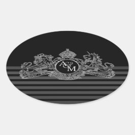 Pegatina Ovalada Monograma de Emblema Regal de León de Plata Negra
