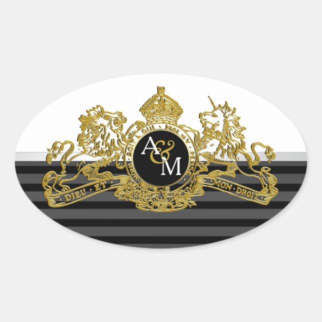 Pegatina Ovalada Monograma de Emblema Unicornio de León Blanco Oro  (Anverso)