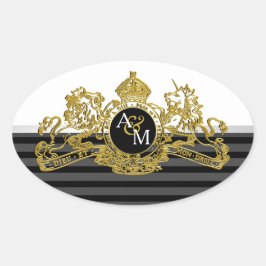 Pegatina Ovalada Monograma de Emblema Unicornio de León Blanco Oro