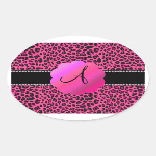 Pegatina Ovalada Monograma de leopardo rosa
