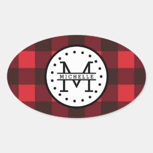 Pegatina Ovalada Monograma de nombre de lumberjack de búfalo negro