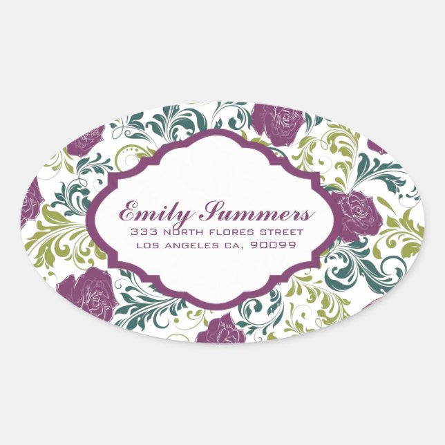 Pegatina Ovalada Monograma del patrón de Rosas de estilo retro mora (Anverso)