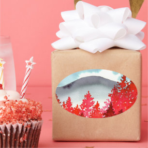 Pegatina Ovalada Montaña Gris Con Acuarela De Árboles Rojos