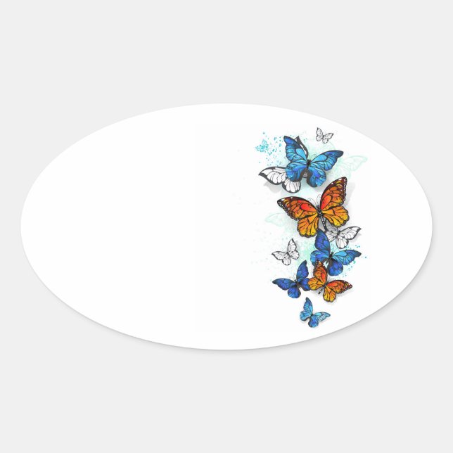 Pegatina Ovalada Morfo y monarca de las mariposas voladoras (Anverso)