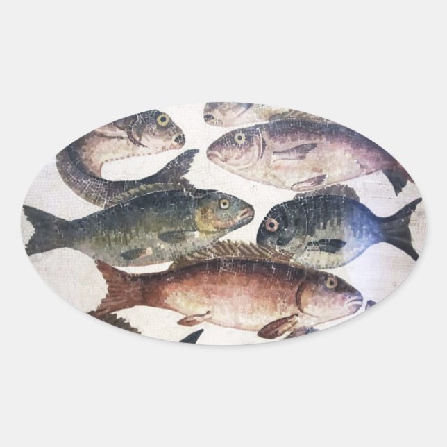 PEGATINA OVALADA MOSAICOS ROMANOS ANTIGUOS, PESCADOS, ESCENA DE VID (Anverso)
