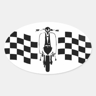 Pegatina Ovalada Motociclista de bandera de verificación dorada y b