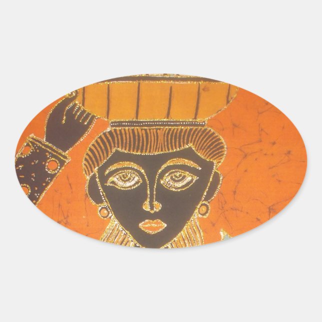 Pegatina Ovalada Mujer africana con imagen de cesta (Anverso)