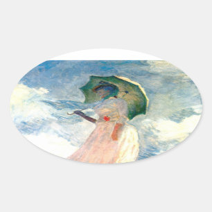 Pegatina Ovalada Mujer Monet con una sombrilla a la izquierda