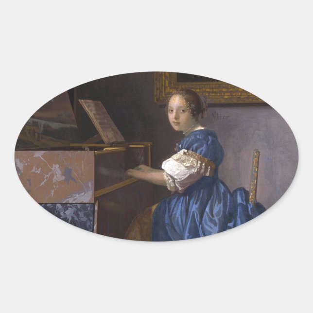 Pegatina Ovalada Mujer sentada en virgen por Vermeer (Anverso)