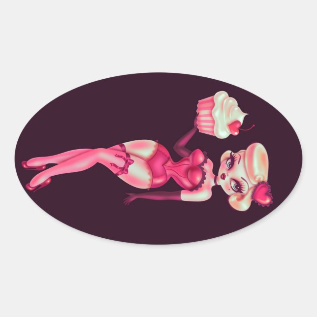 Pegatina Ovalada Muñeca Cupcake (Anverso)