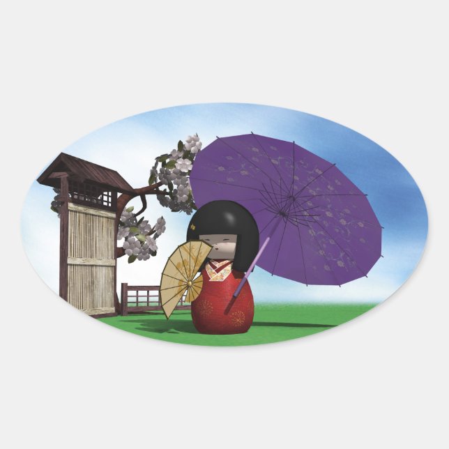 Pegatina Ovalada Muñeca Kokeshi (Anverso)