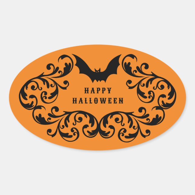 Pegatina Ovalada Naranja Damask Glam Bats and Spider Feliz Hallowee (Anverso)