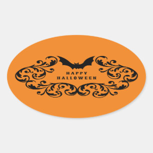 Pegatina Ovalada Naranja Damask Glam Bats and Spider Feliz Hallowee