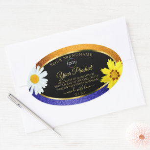 Pegatina Ovalada Naranja floral Etiquetas de producto azul negro co