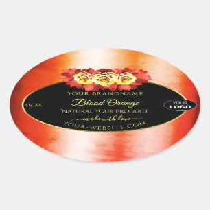 Pegatina Ovalada Naranja floral Marble rojo negro logotipo de etiqu