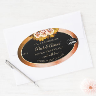 Pegatina Ovalada Naranja floral Marble rojo negro logotipo de etiqu