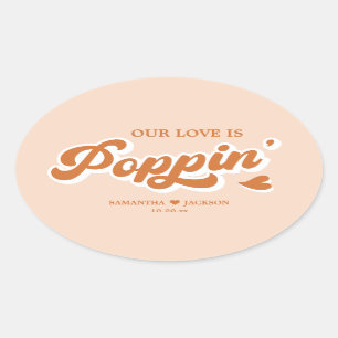 Pegatina Ovalada Naranja Retro 70 Favor de Boho Popcorn Wedding