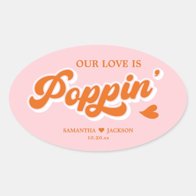 Pegatina Ovalada Naranja rosa Boda colorido Popcorn Favor (Anverso)
