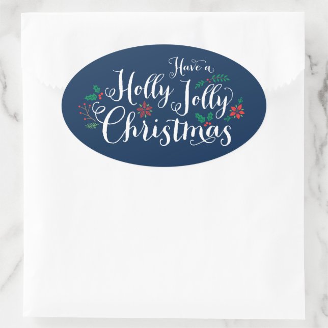 Pegatina Ovalada Navidad alegre y divertida en azul marino Script (Bolso)