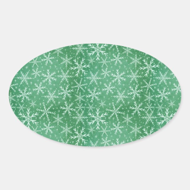 Pegatina Ovalada Navidad Invierno Nieve Copos de Nieve Caída Verde (Anverso)