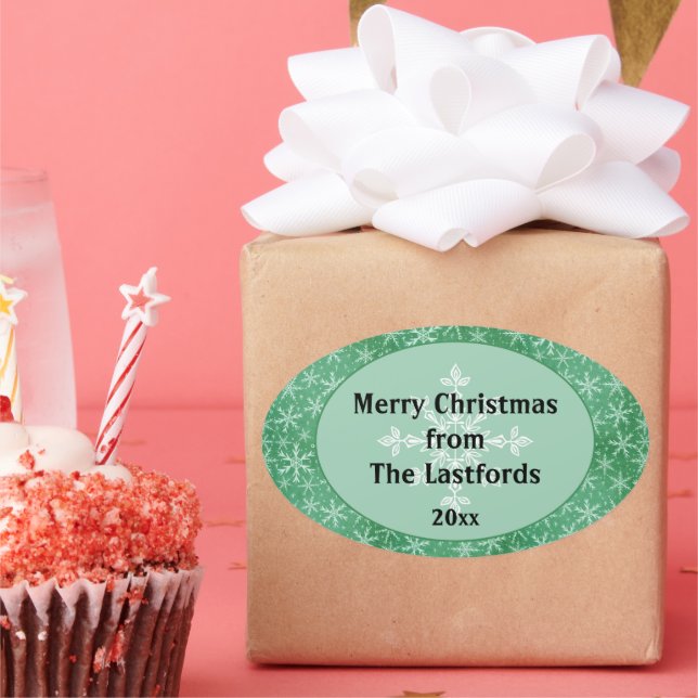 Pegatina Ovalada Navidad Invierno Nieve Copos de Nieve Cayendo Verd (Fiesta)