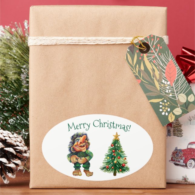 Pegatina Ovalada Navidades baratos en trolls y luz de árbol (Vacaciones)