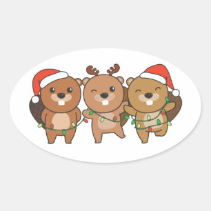 Pegatina Ovalada Navidades castores Navidades Animales Cute la Cla 