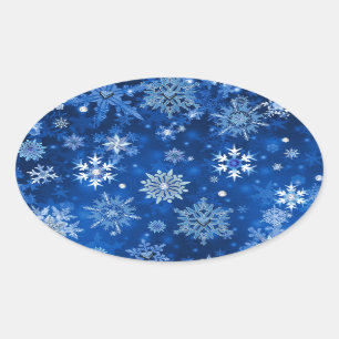 Pegatina Ovalada Navidades Copos de nieve azules y plateados