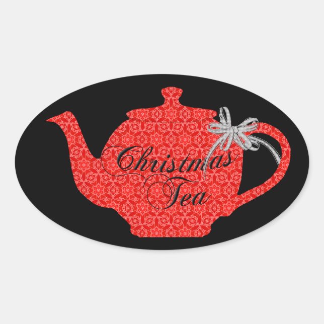 Pegatina Ovalada Navidades de encaje rojo Teapot Tea Fiesta (Anverso)