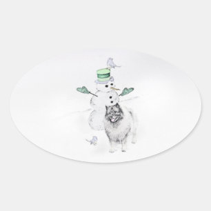 Pegatina Ovalada Navidades de Keeshond Snowman pinta arte de perro