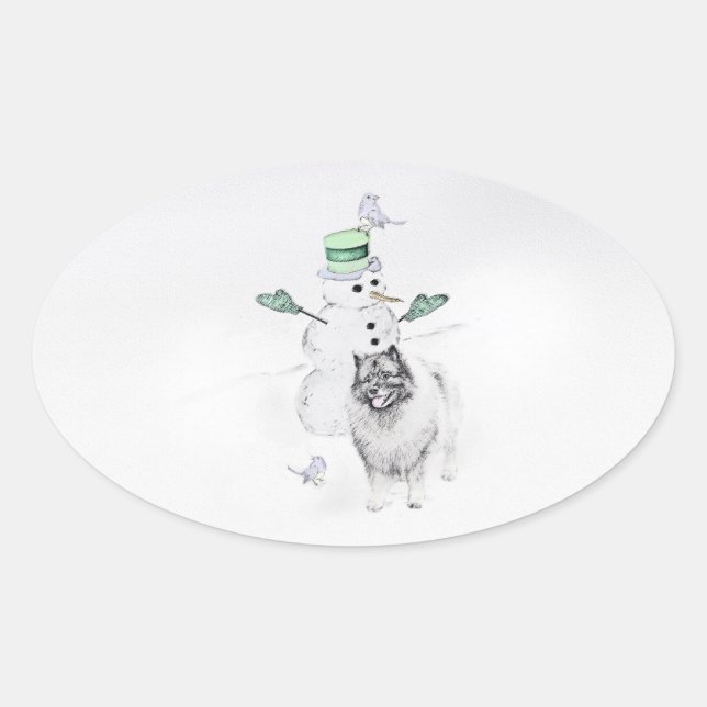 Pegatina Ovalada Navidades de Keeshond Snowman pinta arte de perro (Anverso)