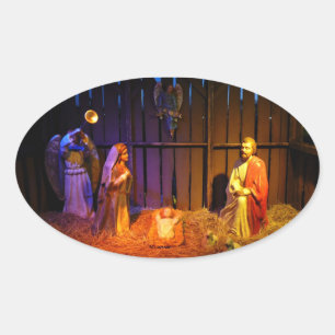 Pegatina Ovalada Navidades de la escena de la natividad se exhiben 