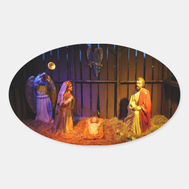 Pegatina Ovalada Navidades de la escena de la natividad se exhiben  (Anverso)