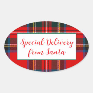 Pegatina Ovalada Navidades de Royal Stewart Plaid Santa PERSONALIZA