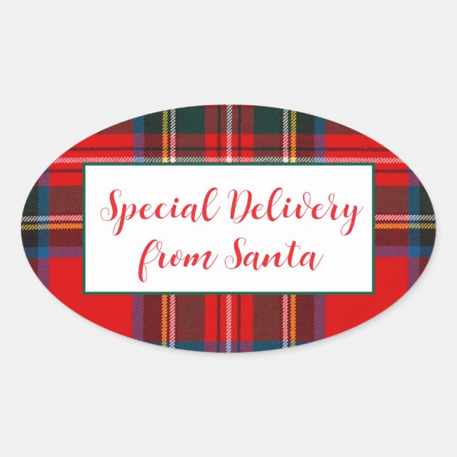 Pegatina Ovalada Navidades de Royal Stewart Plaid Santa PERSONALIZA (Anverso)