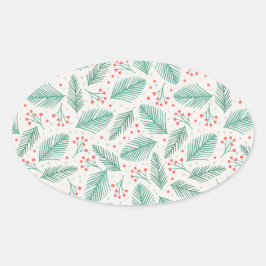 Pegatina Ovalada Navidades dibujados a mano Ramas de Pino Ropa Verd