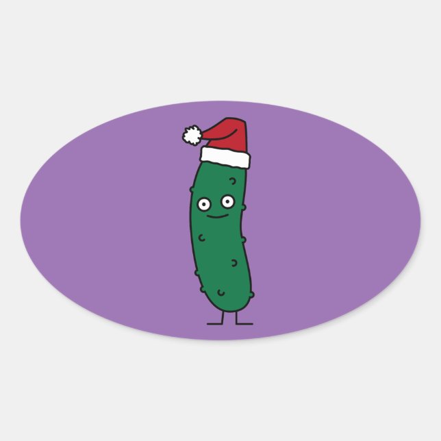 Pegatina Ovalada Navidades Dill Pickle vistiendo un Santa Hat (Anverso)