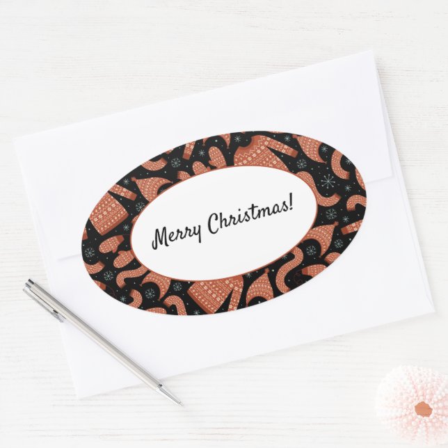 Pegatina Ovalada Navidades feos Gorra suéter bufanda Blanco rojo (Sobre)