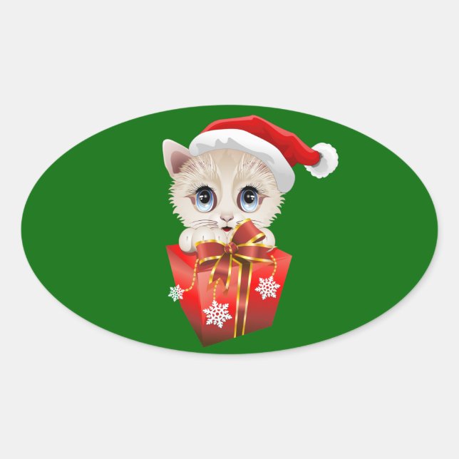 Pegatina Ovalada Navidades gatitos Santa con regalo (Anverso)