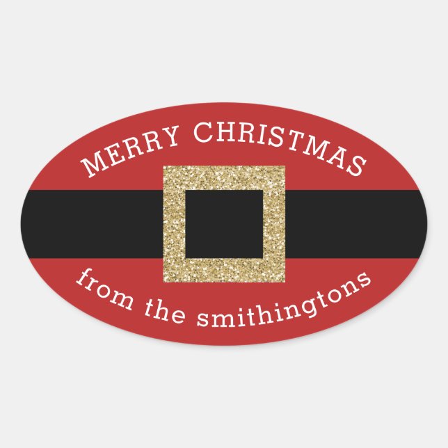 Pegatina Ovalada Navidades Santa Suit Gold Red Personalizado Nombre (Anverso)