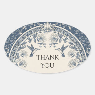 Pegatina Ovalada Navy Hummingbird Floral Boda Agradecimiento