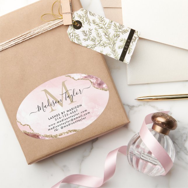 Pegatina Ovalada Negocio de monograma de Purpurina de oro rosado de (Regalar)