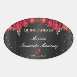Pegatina Ovalada Negro con rosas rojas Quinceañera Calcamonias