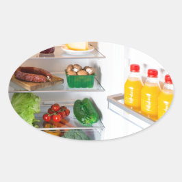 Pegatina Ovalada Nevera abierta llena de comida