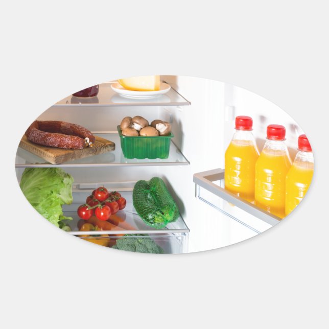 Pegatina Ovalada Nevera abierta llena de comida (Anverso)
