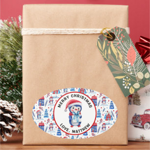 Pegatina Ovalada Nombre, Feliz Navidad Patrón de Pingüino Lindo