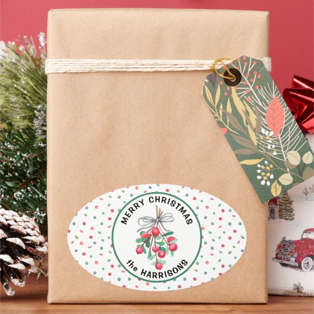 Pegatina Ovalada Nombre, Feliz Navidad, Patrón Mistletoe Candy (Vacaciones)