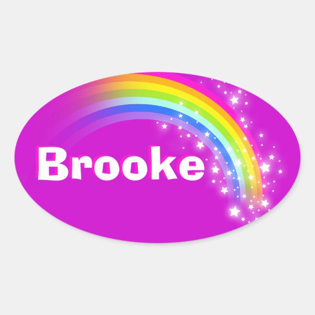 Pegatina Ovalada Nombre ID Brooke pegatinas del arco iris rosa mora (Anverso)